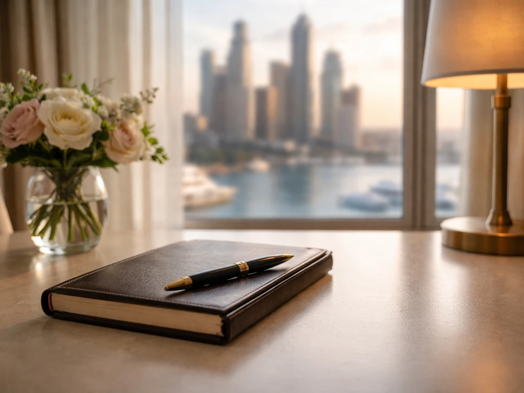Minimal luxury desk scene with gold pen and blurred city view, suggesting wealth and media influence