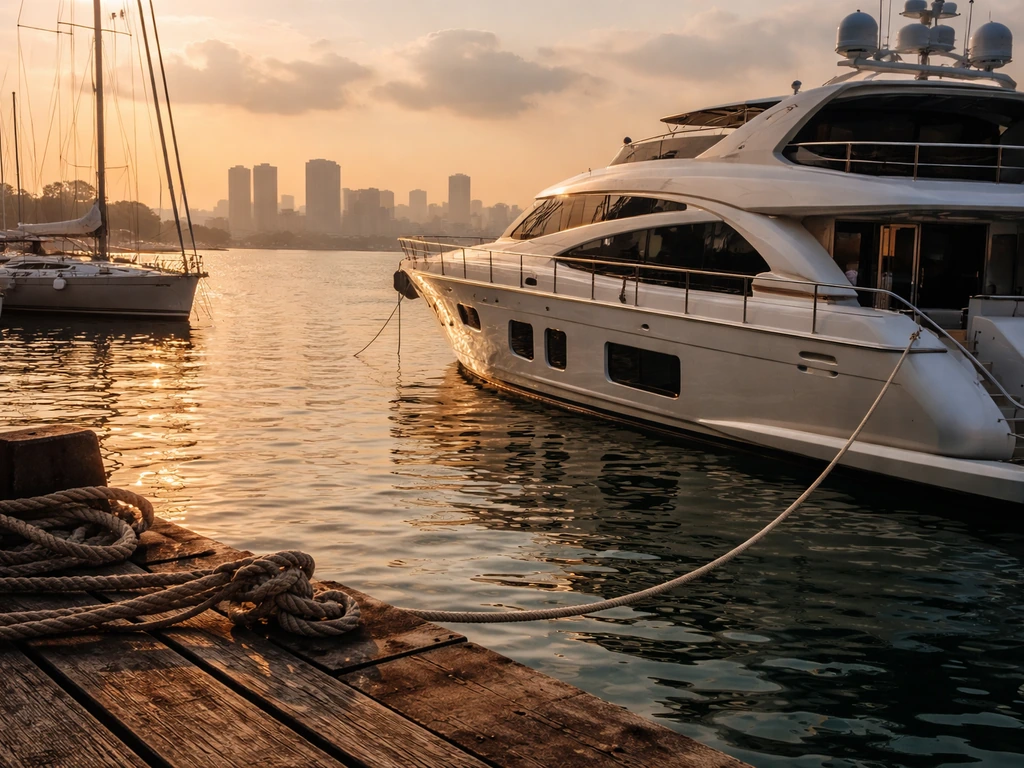 Elegant yacht at a golden-hour harbor, calm water reflections and maritime atmosphere