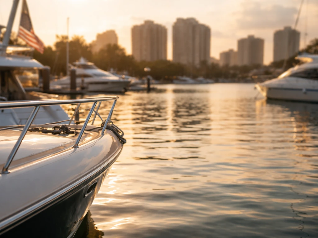 Minimal photo of a yacht harbor at golden hour with a distant city skyline, symbolizing wealth and legacy.
