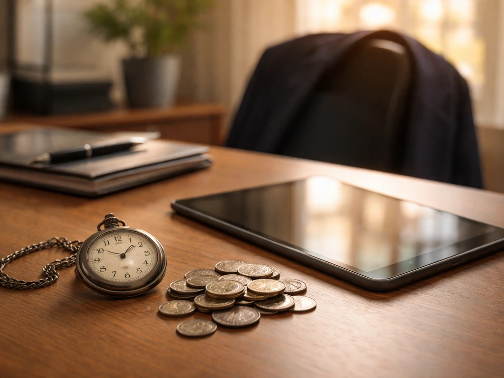 Close-up of a business desk with a dark suit jacket, pocket watch, and scattered coins beside a tablet