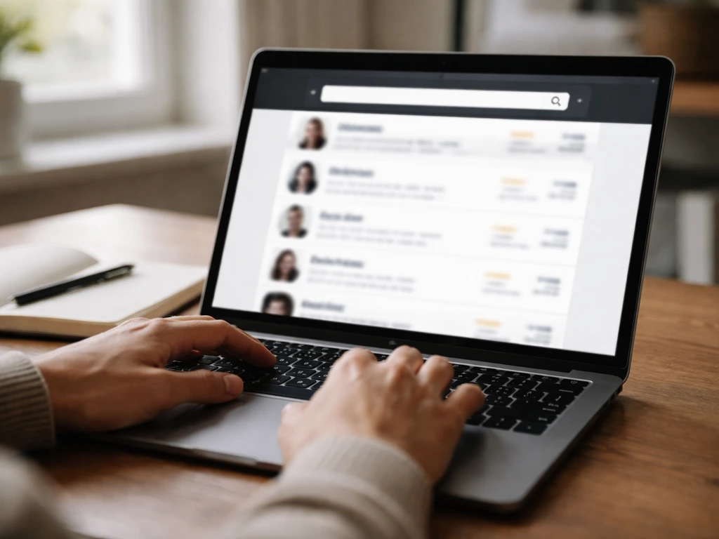 Hands typing on a laptop showing a blurred billionaire index search results interface.