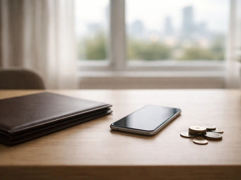 Minimal desk scene with a smartphone, portfolio folder, and scattered coins suggesting family wealth comparison.