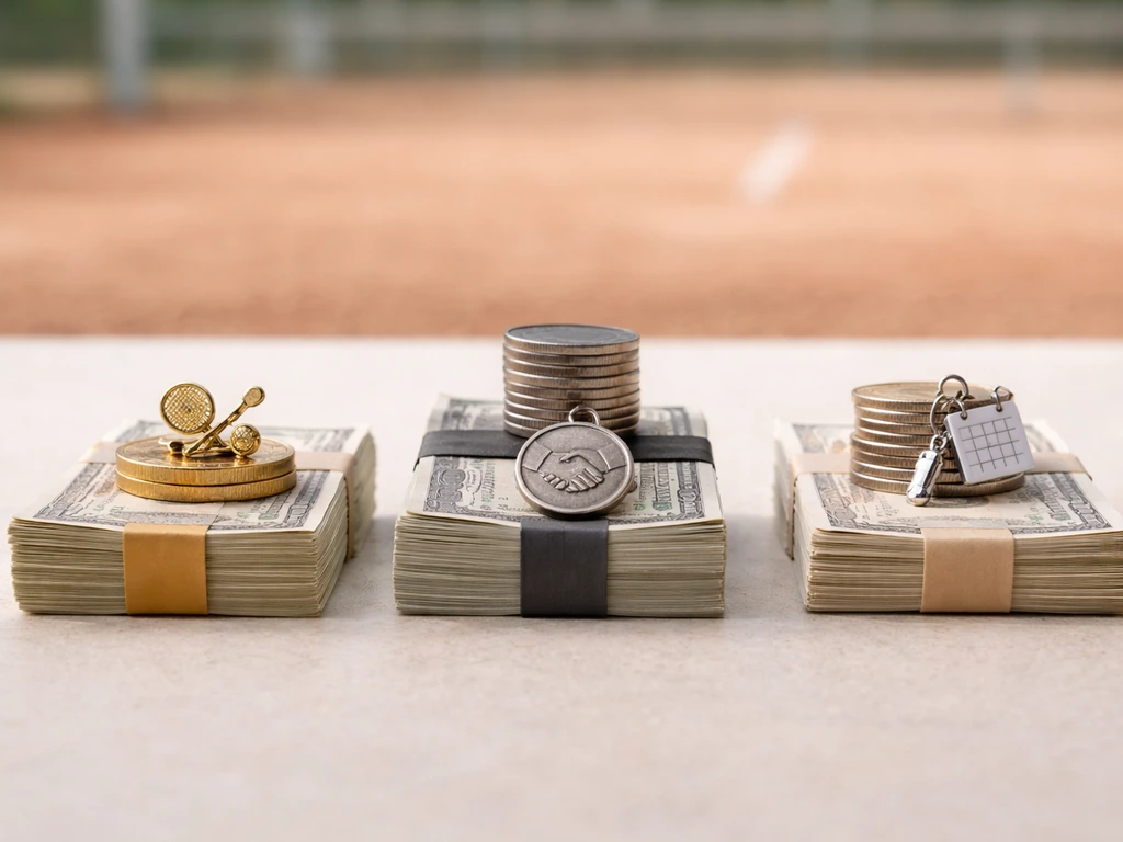 Three simple tennis-themed icons representing prize money, sponsorships, and appearance fees in a minimal scene.