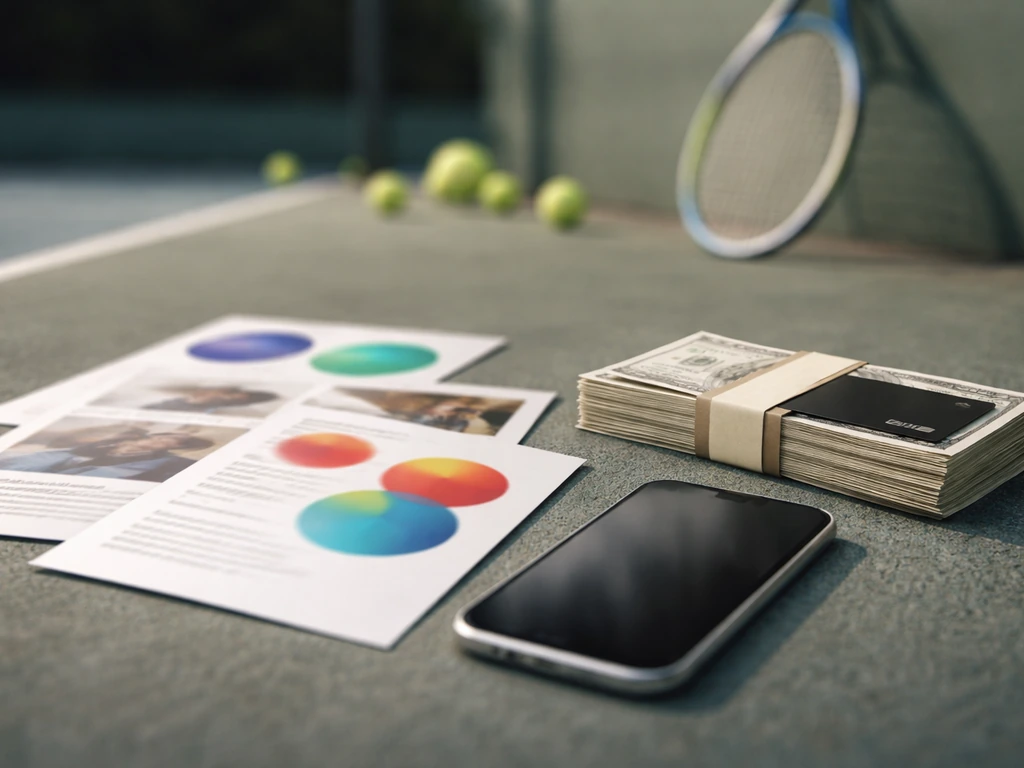 Minimal tennis backdrop with generic sponsor-like swatches, cash, and media-style cards in a collage callout look.