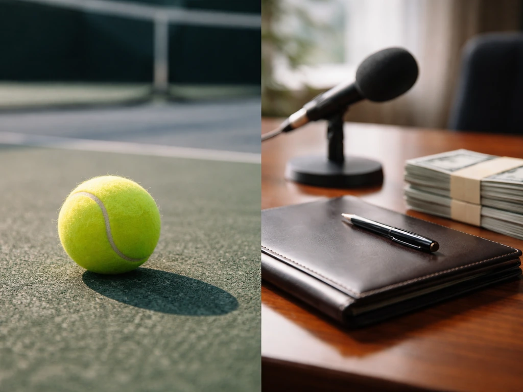 Minimal split scene showing tennis-related and finance-related symbolism without depicting any real people.