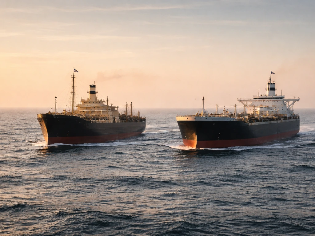 Vintage and modern tanker ships sailing side-by-side at sea under golden light, evoking a Greek shipping legacy.