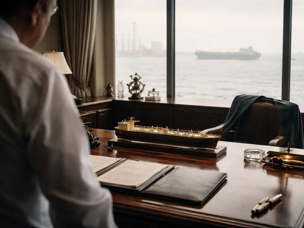 Anonymous figure in a shipping office with a tanker model and harbor view, evoking a Greek shipping legacy.