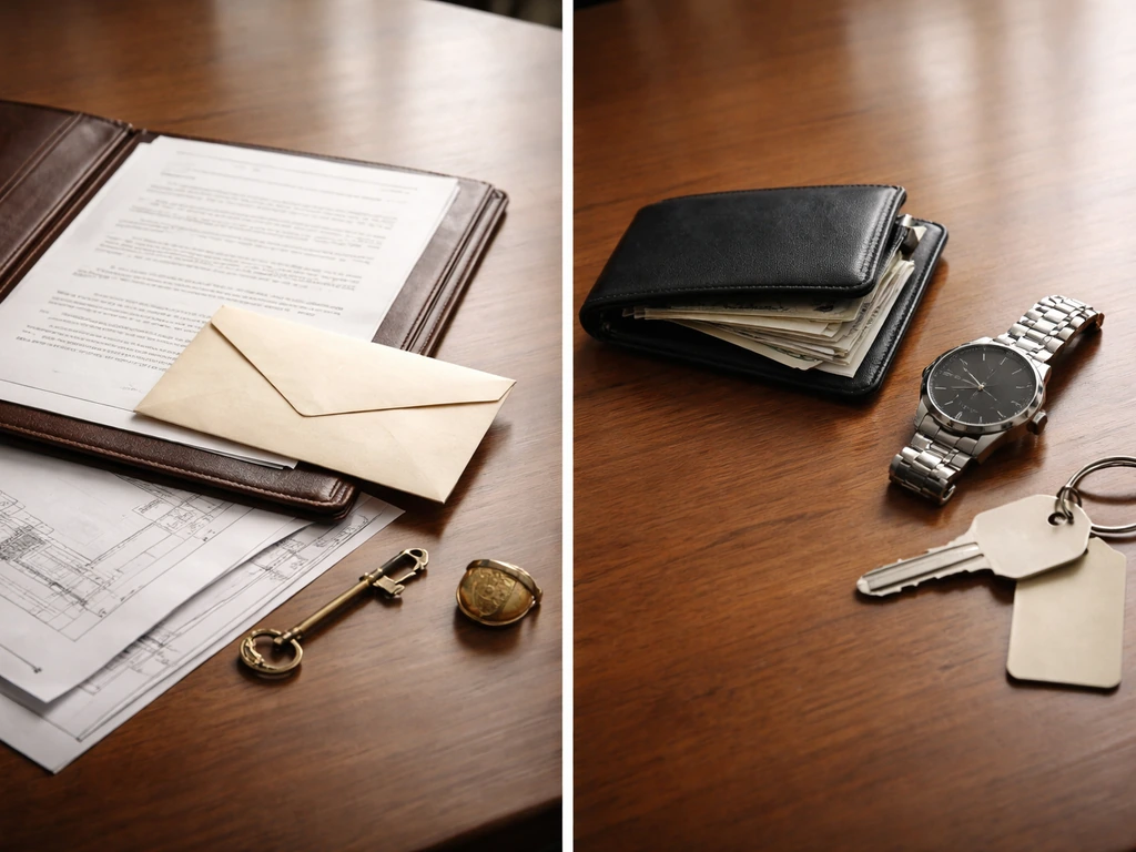Split-screen of a desk with legal documents and private wealth items versus personal fortune objects, no text.
