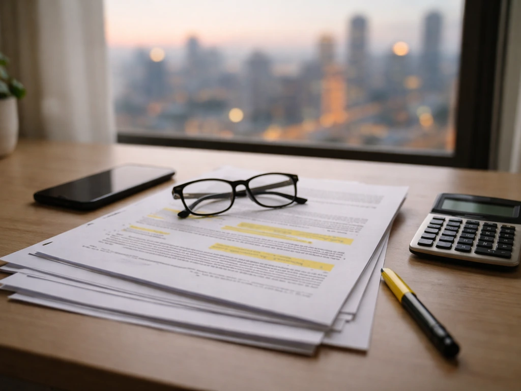 Minimal desk scene with documents, highlighter, calculator, and blurred city view suggesting evidence-based wealth estim