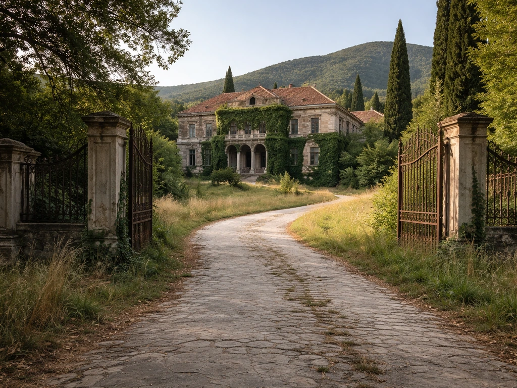 Sunlit hillside and stone road leading to a stately abandoned estate entrance in Greece, evoking royal grounds.