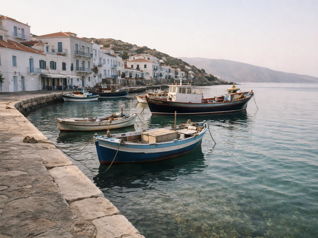 Quiet Cycladic harbor with cargo ships moored and whitewashed buildings in the background.