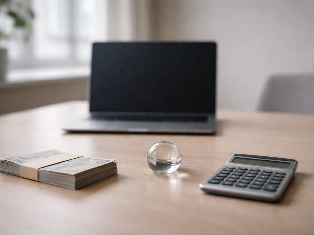Minimal photo of a tidy desk with money-themed objects suggesting a defensible wealth estimate range.