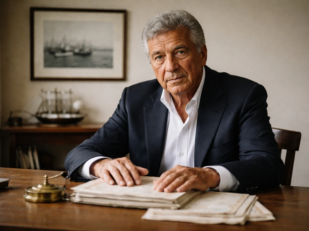 Elderly Greek businessman at a quiet desk with shipping documents, maritime photos, and soft daylight.