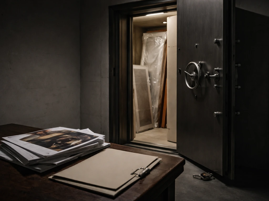 Luxury art vault door with wrapped artworks and scattered auction papers, suggesting restricted offshore-style ownership