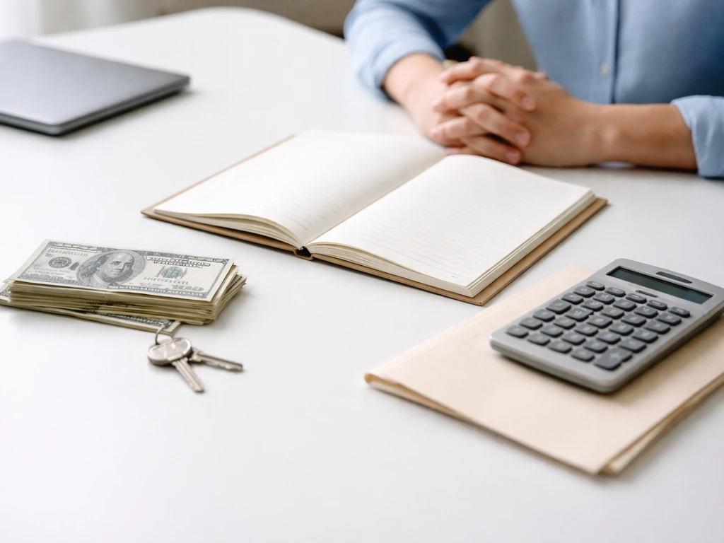 Minimal photo of a person at a desk with open ledger and money items symbolizing assets minus liabilities