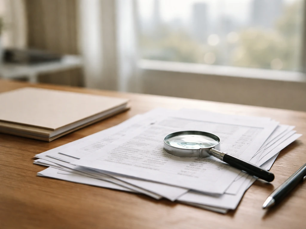 Minimal desk scene with documents, a magnifying glass, and a pen suggesting verification of financial claims