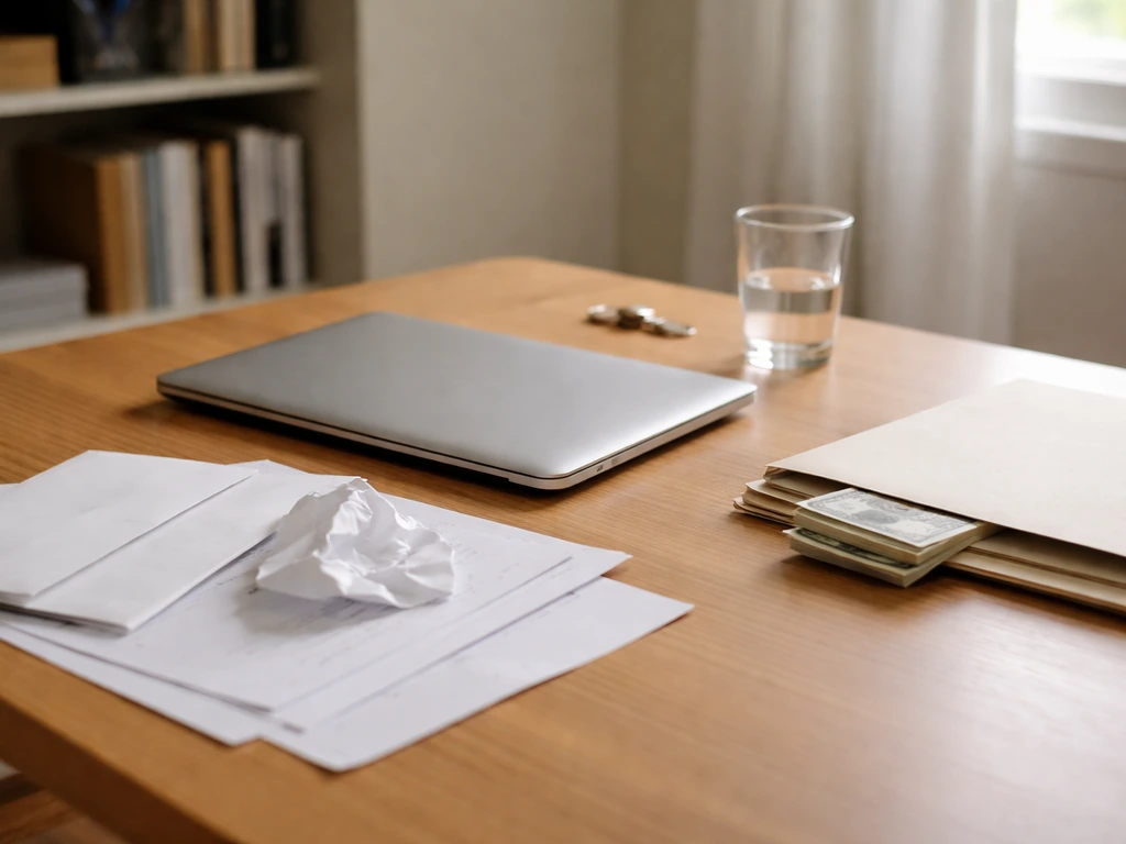 Quiet desk with scattered envelopes and a closed laptop, symbolic of conflicting net worth estimates