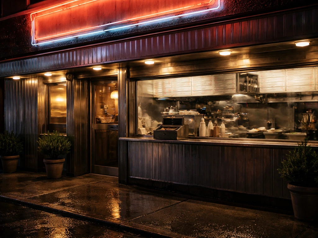 Quiet Coney Island–style diner exterior with warm lights, suggesting a Greek-American founder legacy and business wealth