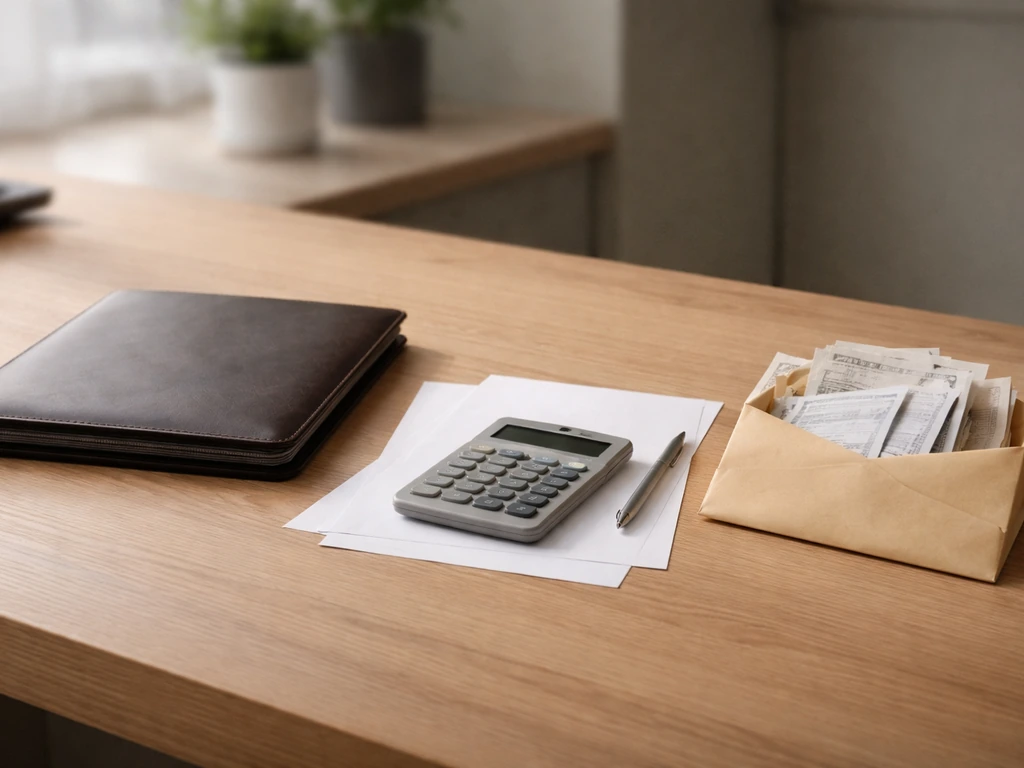 Minimal photo of a desk with a calculator, scattered papers, and a closed leather portfolio symbolizing net worth