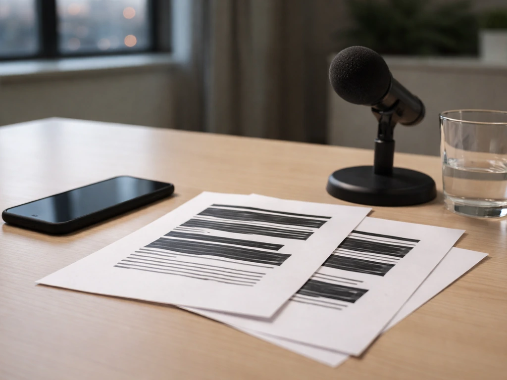 Minimal desk scene with blank documents and a phone, suggesting unverified public finance claims.