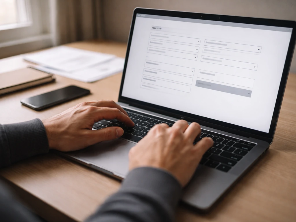 Close-up of a laptop showing blank public-record search pages for due diligence and property research.