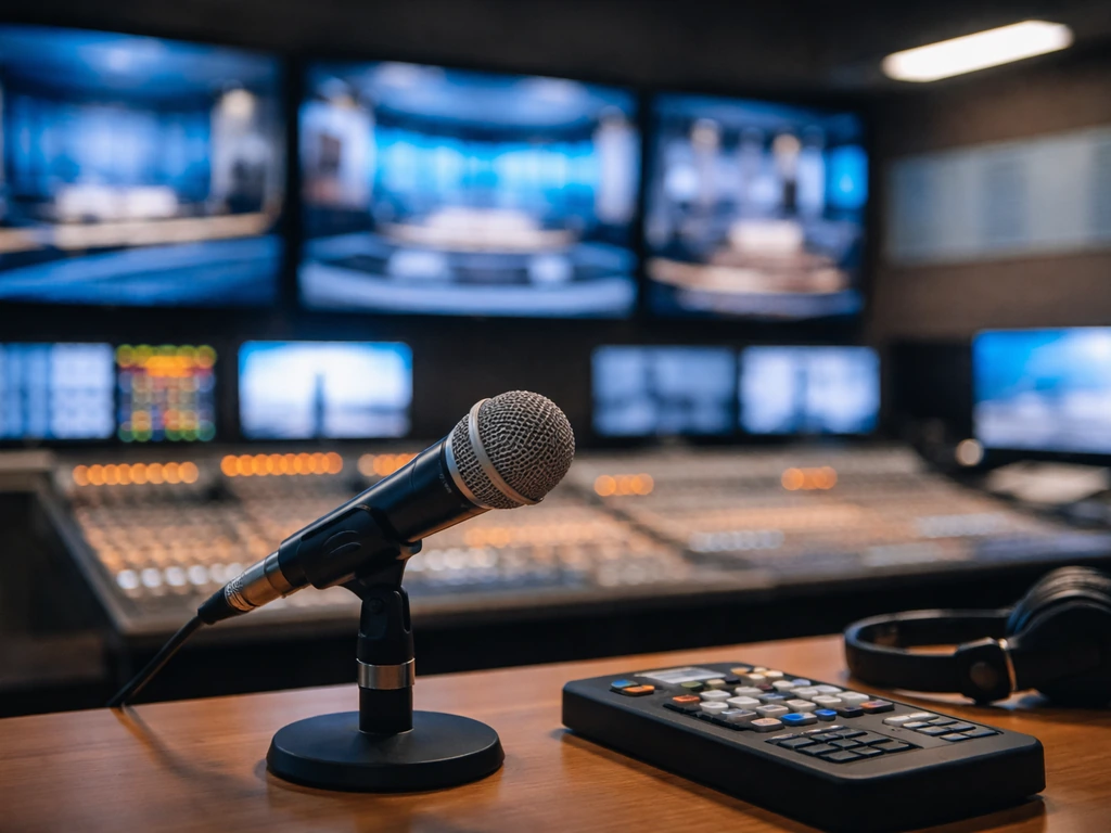 Greek TV studio control room desk with a microphone and illuminated media screens, symbolic net-worth theme