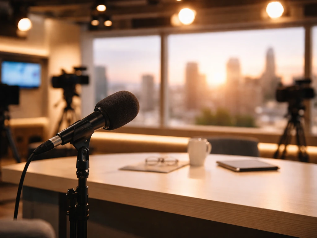 Empty Greek TV studio with a microphone, warm lights, and city skyline through windows