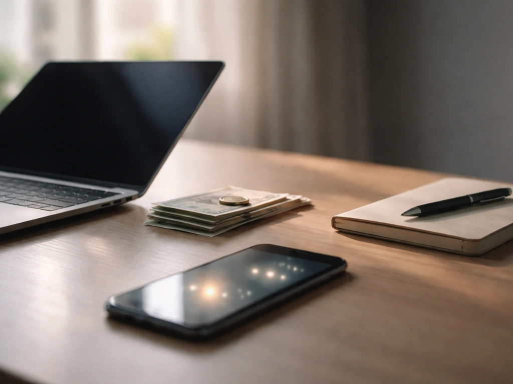 Minimal desk scene with a closed laptop, cash and a smartphone showing blurred numbers to suggest net-worth ranges.