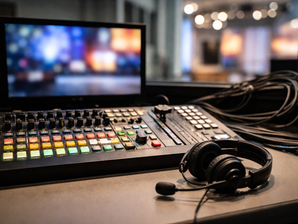 Minimal photo of a TV studio control room with broadcast screens and equipment, representing television hosting.
