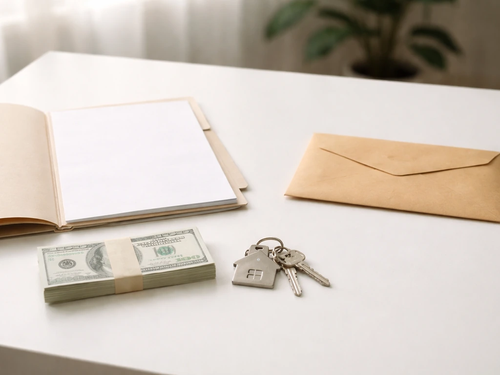 Minimal desk scene with cash and property keys beside an unmarked envelope to symbolize assets vs liabilities.
