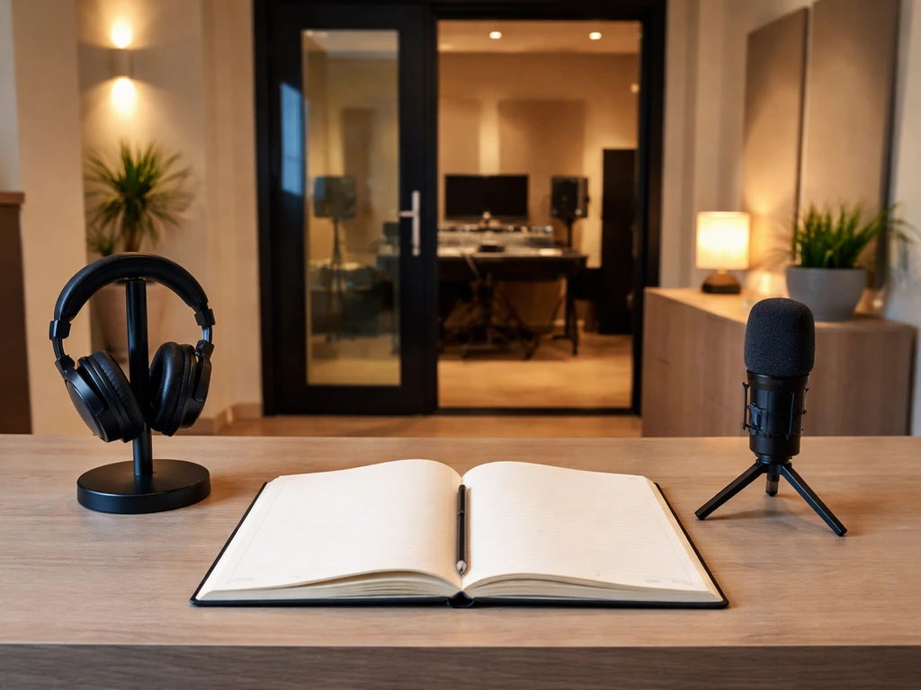 Minimal recording studio desk with headphones and microphone, softly lit studio room in background.