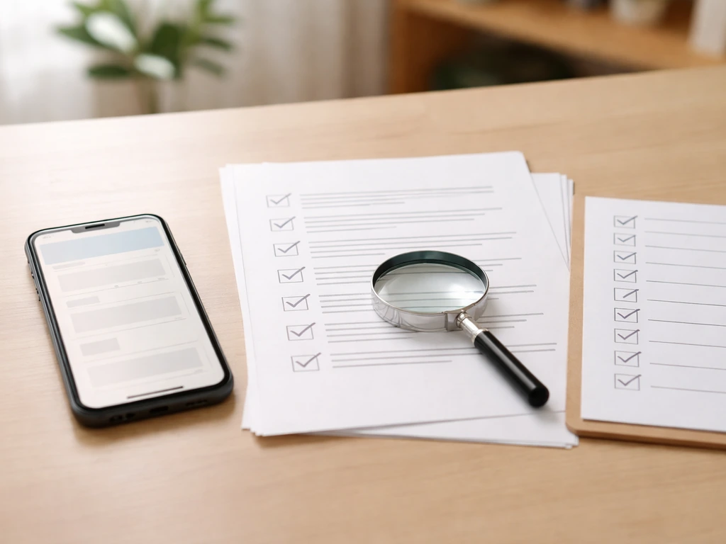 Phone and documents on a desk with checkmarks and a magnifying glass for verifying source credibility