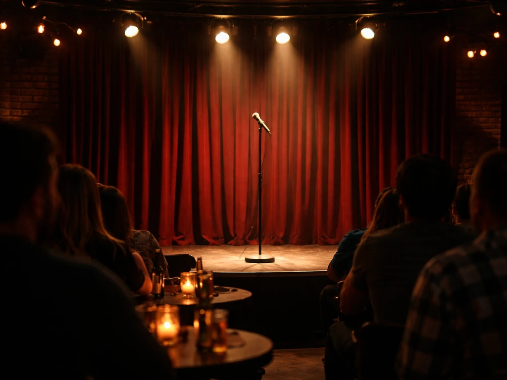 Lively comedy club stage with a single spotlight and microphone, suggesting stand-up career focus