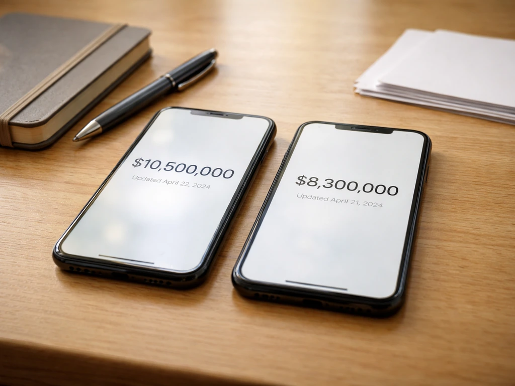 Minimal desk photo with two phones showing different net-worth numbers and update dates for comparison.