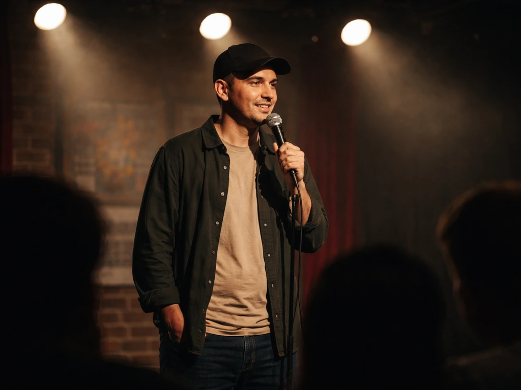 Comedian performing on stage in a small theater club with a microphone, tour-style posters blurred in back