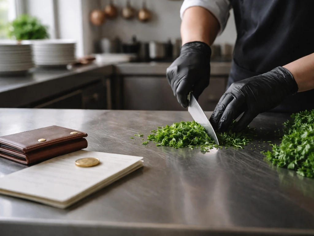 Minimal photo of a chef’s hands preparing ingredients at a quiet kitchen counter, suggesting an entrepreneur’s profile.