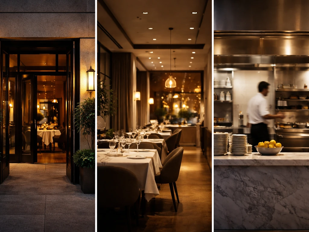 Warm luxury restaurant exterior, dining area, and professional kitchen glimpse suggesting hospitality revenue streams.