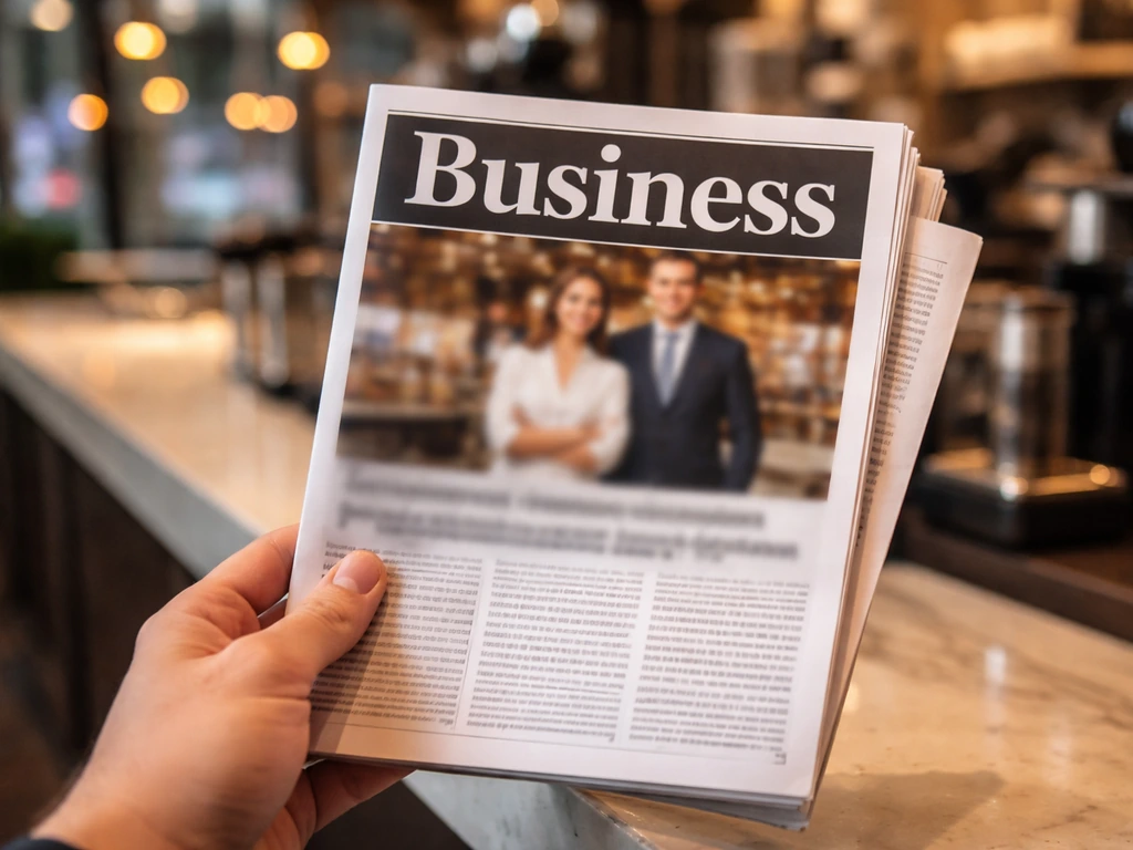Close-up of an anonymous hand holding a business magazine excerpt near an espresso bar counter, symbolizing sparse net w