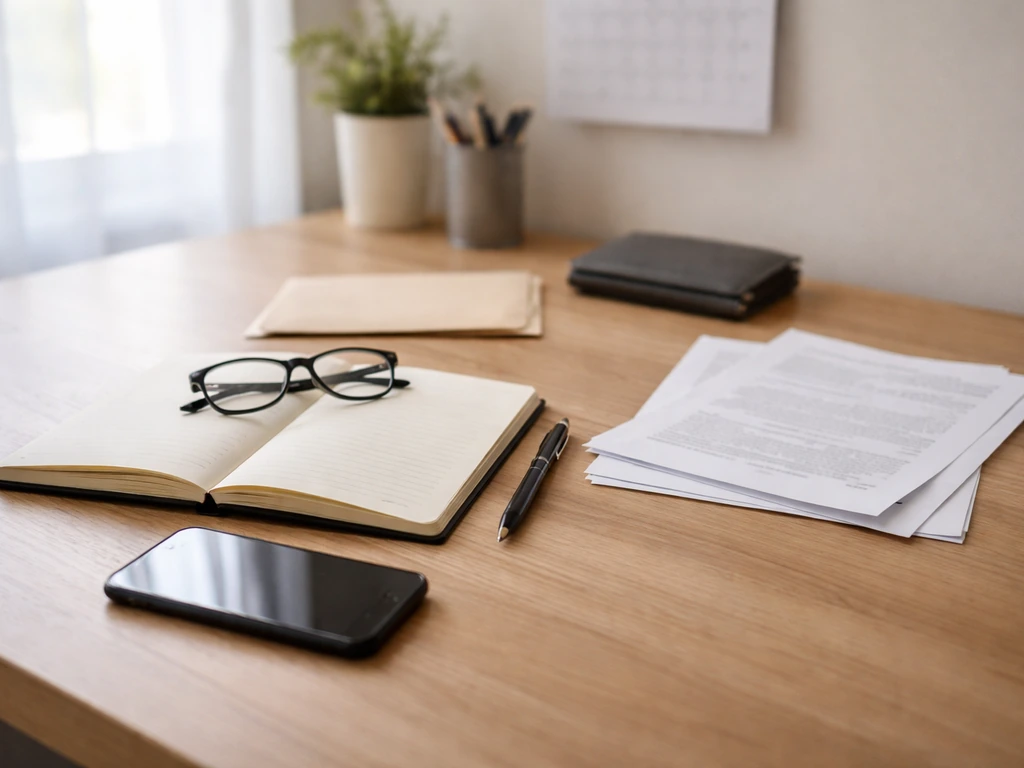 Minimal desk scene with blank notebook, pen, papers, and glasses suggesting verifying financial information.