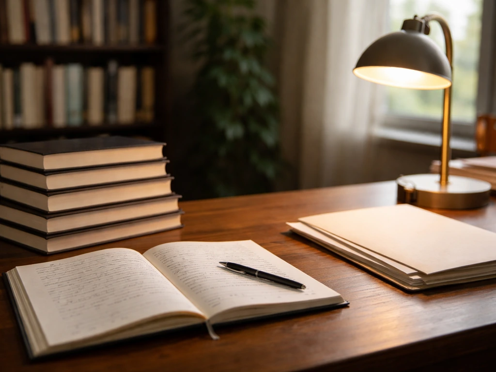 Minimal publishing-office scene with neatly stacked books and a desk journal under warm light