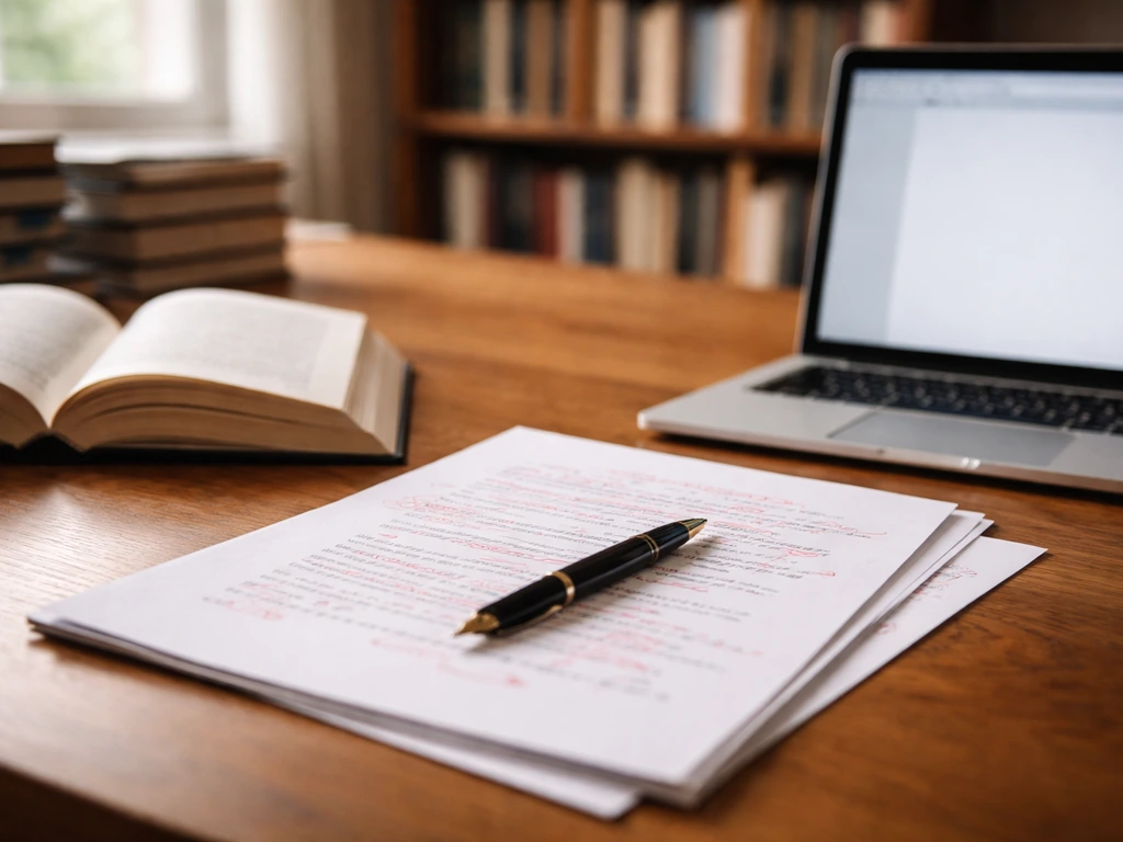 Close-up of a book editor’s desk with open manuscript, pen, and a laptop in a quiet office