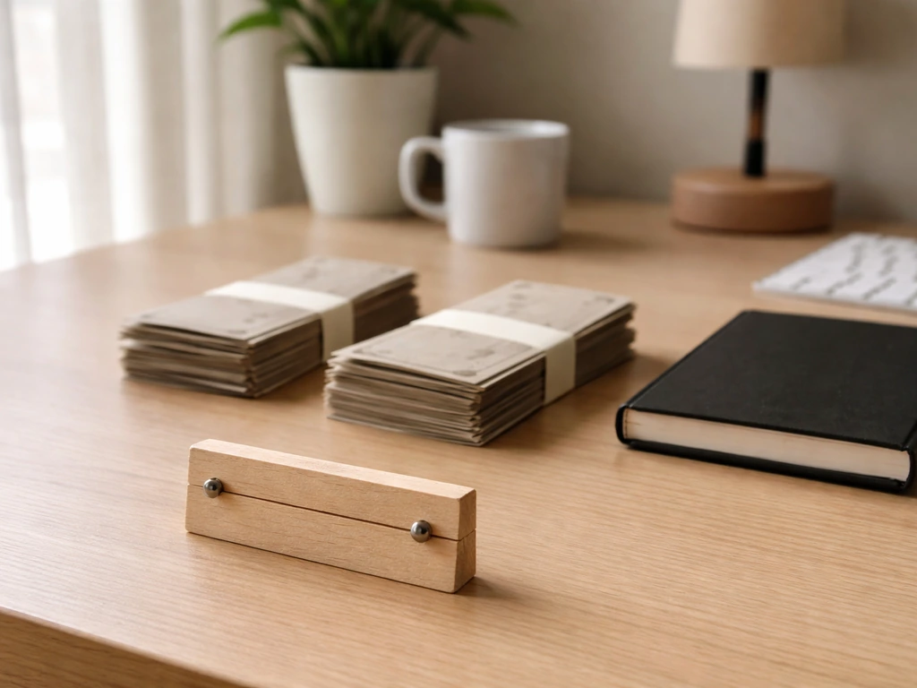 Minimal desk scene with banknotes and a small analog two-point range marker, symbolizing a net worth range.