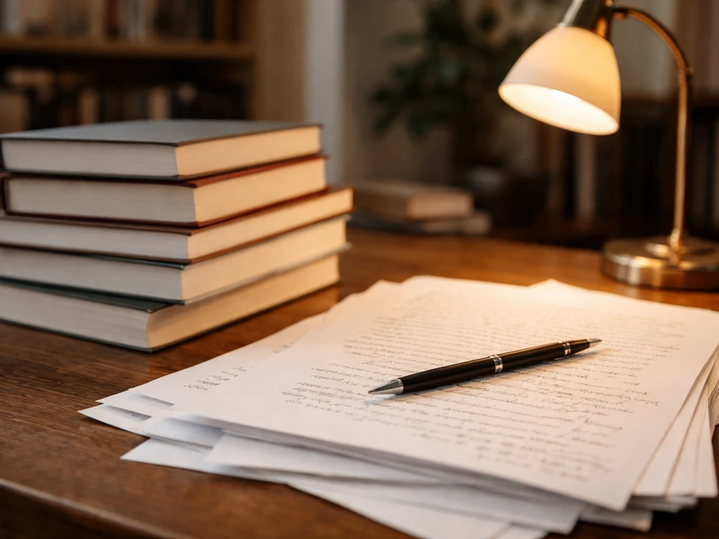Close-up of an editorial desk with stacked books, handwritten manuscript pages, and a desk lamp