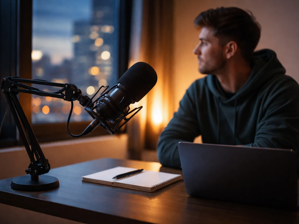 An anonymous host studio scene with a microphone and subscription-style media mood lighting