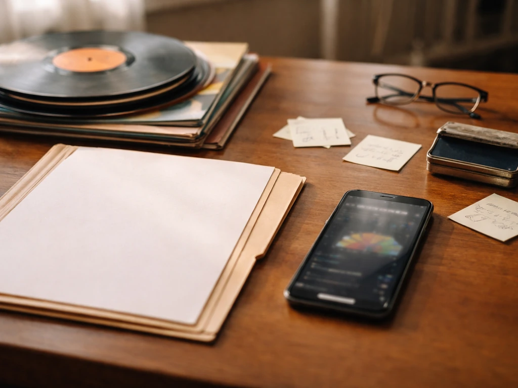 Minimal desk scene with vinyl records, smartphone, and sticky notes symbolizing building net-worth estimates