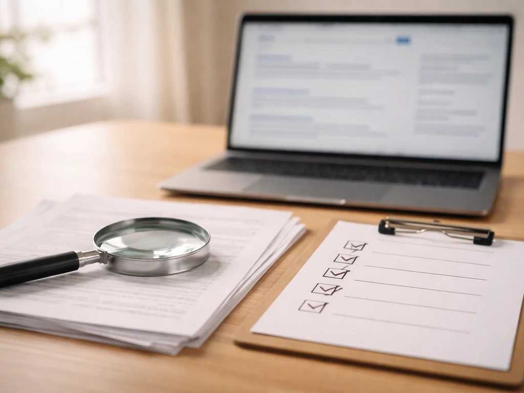 Magnifying glass over a blank checklist and generic search-results pages on a desk.