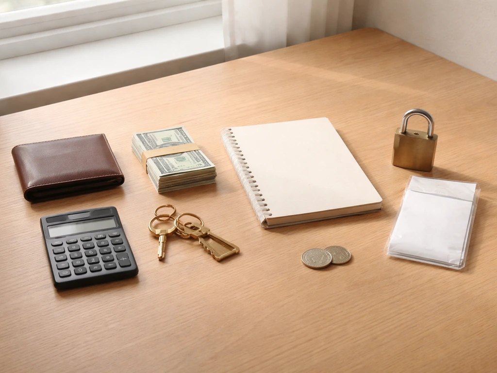 Minimal desk scene with wallet, bills, keys, calculator, and padlock showing assets versus liabilities concept.