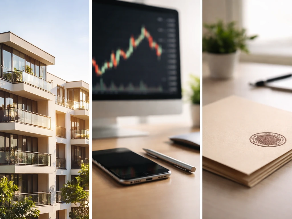 3-panel collage: residential building, phone with blurred market chart, and documents folder on a desk.