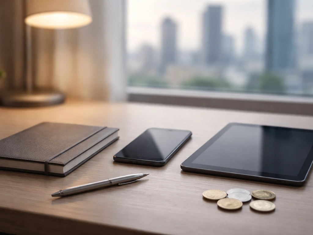 Minimal photo of a newsroom desk setup with a tablet and cash-like props symbolizing media wealth analysis