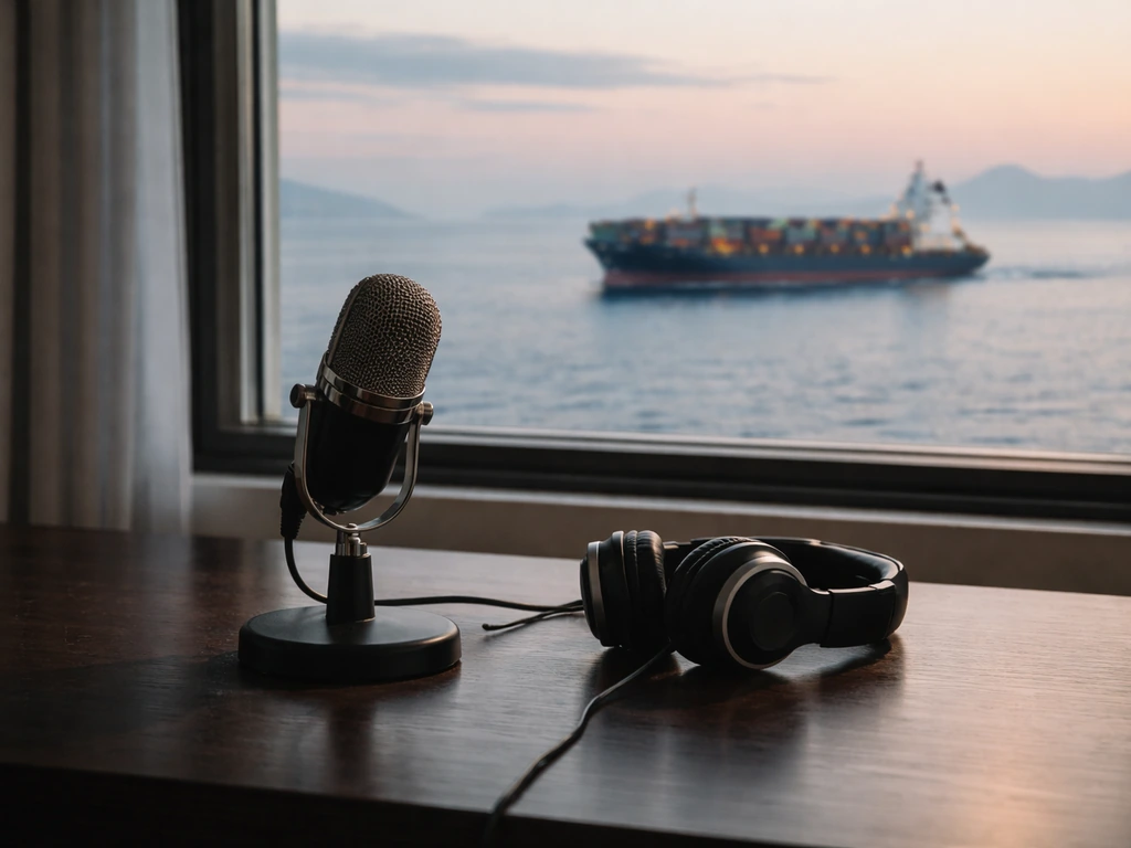 Greek shipping lane at dusk with a quiet newsroom-like desk setup symbolizing media and wealth tracking.